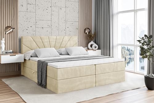 ALTDECOR Boxspringbett mit Matratze und Lattenrost, Boxbett, Topper, Polsterbett mit Bettkasten, Bett mit Stauraum H4-Matratze, Doppelbett, Springboxbett - MILTIO - 180x200 - Beige Monolith 04 von ALTDECOR