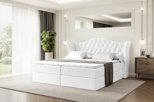 ALTDECOR Boxspringbett mit Matratze und Lattenrost, Boxbett, Topper, Polsterbett mit Bettkasten, Bett mit Stauraum H4-Matratze, Doppelbett, Springboxbett - Vila - 180x200 - Weiß Kunstleder von ALTDECOR