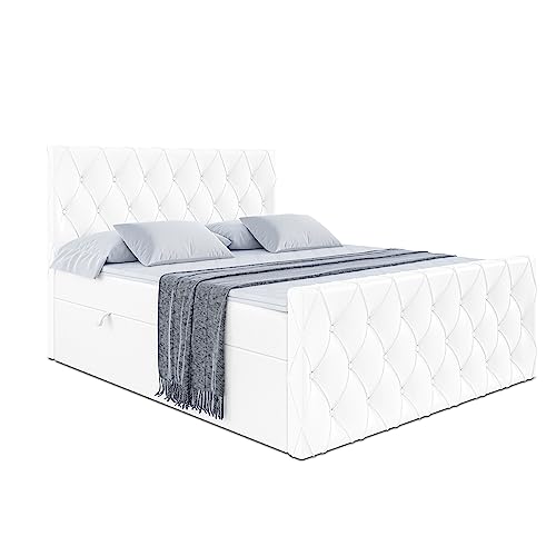 ALTDECOR Boxspringbett mit Multipocket-Matratze H4 (20 cm hoch) mit Kokosmatte, Kunstlederbett, Topper (4 cm hoch), Polsterbett mit Kopfteil und Bettkasten - Amay - 160x200 Weiß Kunstleder von ALTDECOR