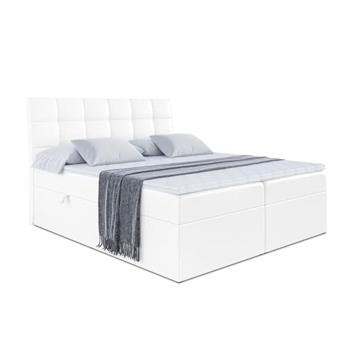 ALTDECOR Boxspringbett mit Multipocket-Matratze H4 (20 cm hoch) mit Kokosmatte, Kunstlederbett, Topper (4 cm hoch), Polsterbett mit Kopfteil und Bettkasten - APO - 180x200 Weiß Kunstleder von ALTDECOR