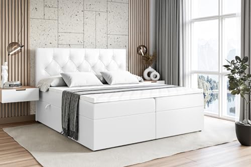 ALTDECOR Boxspringbett mit Multipocket-Matratze H4 (20 cm hoch) mit Kokosmatte, Kunstlederbett, Topper (4 cm hoch), Polsterbett mit Kopfteil und Bettkasten - Mirage - 120x200 Weiß Kunstleder von ALTDECOR