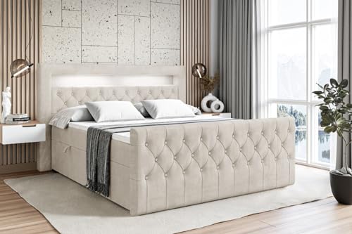 ALTDECOR Boxspringbett mit Matratze und Lattenrost, LED Boxbett, Topper, Fußteil, Polsterbett mit Bettkasten, Bett mit Stauraum H4-Matratze, Doppelbett, Springboxbett - Aurora - 180x200 Beige Samt von ALTDECOR