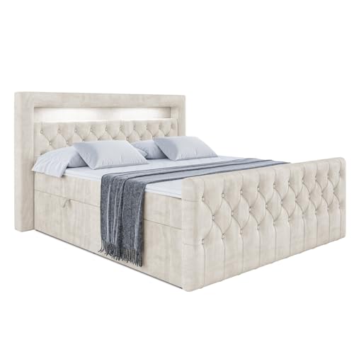 ALTDECOR Boxspringbett mit Multipocket-Matratze H4 (20 cm hoch) mit PUR + Kokosmatte, Topper (4 cm hoch), Polsterbett mit Kopfteil, Bettkasten und LED - Aurora - 200x200 Beige Samt von ALTDECOR