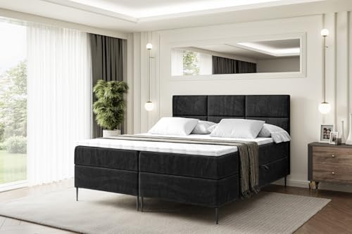 ALTDECOR Boxspringbett mit Schwarz Füßen, Matratze und Lattenrost, Boxbett, Topper, Polsterbett mit Bettkasten, Bett mit Stauraum H4-Matratze, Doppelbett - Ohio-FC- 140x200 - Schwarz Samt von ALTDECOR