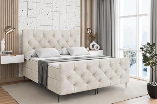 ALTDECOR Boxspringbett mit Schwarz Füßen, Matratze und Lattenrost, Topper, Fußteil, Polsterbett mit Bettkasten, Bett mit Stauraum H3-Matratze, Doppelbett - Mirage-FC-Z - 200x200 - Beige Monolith von ALTDECOR