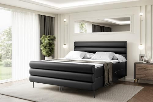 ALTDECOR Boxspringbett mit Schwarz Füßen, Matratze und Lattenrost, Topper, Fußteil, Polsterbett mit Bettkasten, Bett mit Stauraum H3-Matratze - Celestia-FC-Z - 180x200 - Schwarz Kunstleder von ALTDECOR