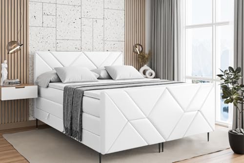 ALTDECOR Boxspringbett mit Schwarz Füßen, Matratze und Lattenrost, Topper, Fußteil, Polsterbett mit Bettkasten, Bett mit Stauraum H3- und H4- Matratze -BARWA-FC-Z KING-180x200 - Weiß Kunstleder von ALTDECOR
