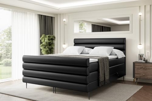 ALTDECOR Boxspringbett mit Schwarz Füßen, Matratze und Lattenrost, Topper, Fußteil, Polsterbett mit Bettkasten, Bett mit Stauraum H3- und H4- Matratze -Celestia-FC-Z KING-160x200 - Schwarz Kunstleder von ALTDECOR