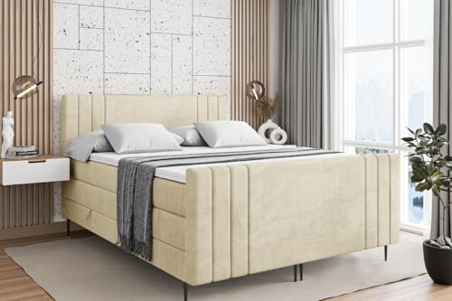 ALTDECOR Boxspringbett mit Schwarz Füßen, Matratze und Lattenrost, Topper, Fußteil, Polsterbett mit Bettkasten, Bett mit Stauraum H3- und H4- Matratze -IDRIKO-FC-Z KING-180x200 - Beige Casablanca von ALTDECOR