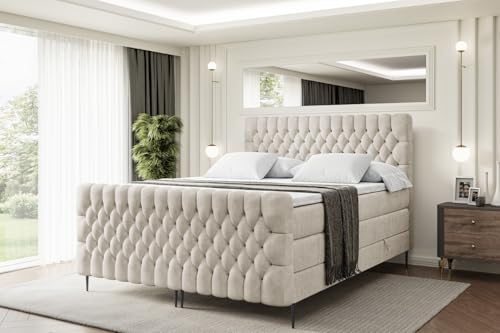 ALTDECOR Boxspringbett mit Schwarz Füßen, Matratze und Lattenrost, Topper, Fußteil, Polsterbett mit Bettkasten, Bett mit Stauraum H3- und H4- Matratze -Serene-FC-Z KING-120x200 - Beige Monolith von ALTDECOR