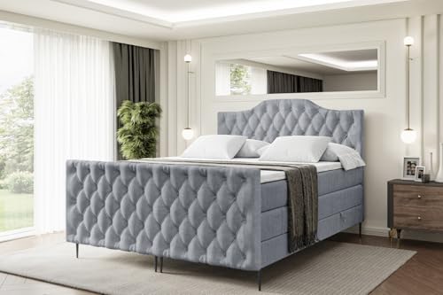 ALTDECOR Boxspringbett mit Schwarz Füßen, Matratze und Lattenrost, Topper, Fußteil, Polsterbett mit Bettkasten, Bett mit Stauraum H3- und H4- Matratze -VILA-1-FC-Z KING-140x200 - Grau Casablanca von ALTDECOR