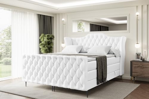ALTDECOR Boxspringbett mit Schwarz Füßen, Matratze und Lattenrost, Topper, Fußteil, Polsterbett mit Bettkasten, Bett mit Stauraum H3- und H4- Matratze -Vila-FC-Z KING-140x200 - Weiß Kunstleder ALTDECOR Boxspringbett mit Schwarz Füßen, Matratze und Lattenrost, Topper, Fußteil, Polsterbett mit Bettkasten, Bett mit Stauraum H3- und H4- Matratze -Vila-FC-Z KING-140x200 - Weiß Kunstleder von ALTDECOR