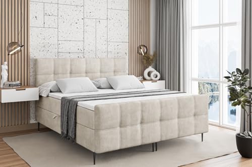 ALTDECOR Boxspringbett mit Schwarz Füßen, Matratze und Lattenrost, Topper, Fußteil, Polsterbett mit Bettkasten, Bett mit Stauraum H4-Matratze, Doppelbett - Marce-FC-Z - 200x200 - Beige Monolith von ALTDECOR