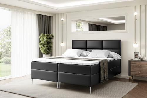 ALTDECOR Boxspringbett mit Silber Füßen, Matratze und Lattenrost, Boxbett, Topper, Polsterbett mit Bettkasten, Bett mit Stauraum H3-Matratze, Doppelbett - Ohio-FS- 140x200 - Schwarz Kunstleder von ALTDECOR