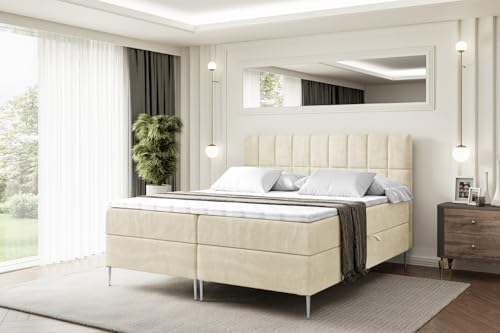ALTDECOR Boxspringbett mit Silber Füßen, Matratze und Lattenrost, Boxbett, Topper, Polsterbett mit Bettkasten, Bett mit Stauraum H4-Matratze, Doppelbett - Miami-FS- 120x200 Beige Samt von ALTDECOR
