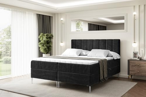ALTDECOR Boxspringbett mit Silber Füßen, Matratze und Lattenrost, Boxbett, Topper, Polsterbett mit Bettkasten, Bett mit Stauraum H4-Matratze, Doppelbett - OTTA-FS- 140x200 - Schwarz Samt von ALTDECOR