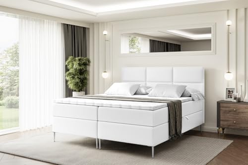 ALTDECOR Boxspringbett mit Silber Füßen, Matratze und Lattenrost, Boxbett, Topper, Polsterbett mit Bettkasten, Bett mit Stauraum H4-Matratze, Doppelbett - Ohio-FS- 140x200 - Weiß Kunstleder von ALTDECOR
