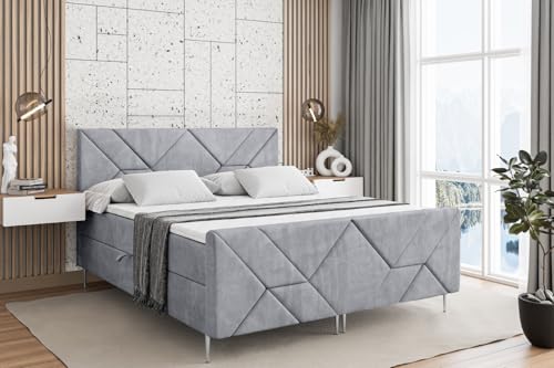 ALTDECOR Boxspringbett mit Silber Füßen, Matratze und Lattenrost, Topper, Fußteil, Polsterbett mit Bettkasten, Bett mit Stauraum H3-Matratze, Doppelbett - BARWA-FS-Z - 200x200 - Grau Monolith von ALTDECOR