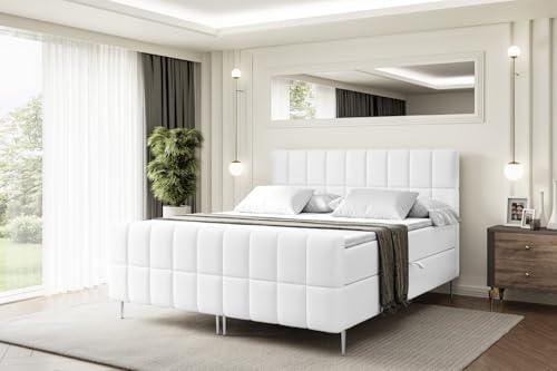 ALTDECOR Boxspringbett mit Silber Füßen, Matratze und Lattenrost, Topper, Fußteil, Polsterbett mit Bettkasten, Bett mit Stauraum H3-Matratze, Doppelbett - Miami-FS-Z - 200x200 - Weiß Kunstleder von ALTDECOR