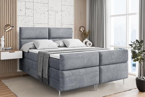 ALTDECOR Boxspringbett mit Silber Füßen, Matratze und Lattenrost, Topper, Fußteil, Polsterbett mit Bettkasten, Bett mit Stauraum H3- und H4- Matratze -BOXI3-FS-Z KING-180x200 - Grau Casablanca von ALTDECOR