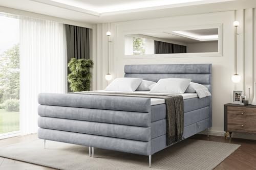 ALTDECOR Boxspringbett mit Silber Füßen, Matratze und Lattenrost, Topper, Fußteil, Polsterbett mit Bettkasten, Bett mit Stauraum H3- und H4- Matratze -Celestia-FS-Z KING-140x200 - Grau Casablanca von ALTDECOR