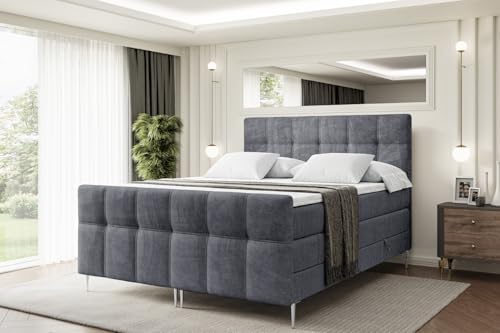 ALTDECOR Boxspringbett mit Silber Füßen, Matratze und Lattenrost, Topper, Fußteil, Polsterbett mit Bettkasten, Bett mit Stauraum H3- und H4- Matratze -Marce-FS-Z KING-180x200 - Dunkelgrau Casablanca von ALTDECOR