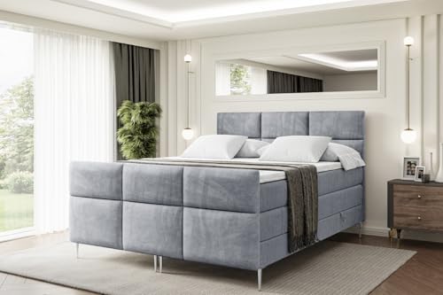 ALTDECOR Boxspringbett mit Silber Füßen, Matratze und Lattenrost, Topper, Fußteil, Polsterbett mit Bettkasten, Bett mit Stauraum H3- und H4- Matratze -Ohio-FS-Z KING-140x200 - Grau Casablanca von ALTDECOR