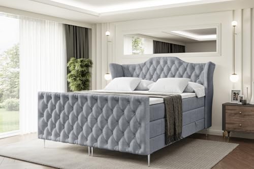 ALTDECOR Boxspringbett mit Silber Füßen, Matratze und Lattenrost, Topper, Fußteil, Polsterbett mit Bettkasten, Bett mit Stauraum H3- und H4- Matratze -Vila-FS-Z KING-160x200 - Grau Casablanca von ALTDECOR
