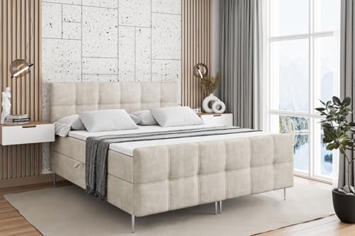 ALTDECOR Boxspringbett mit Silber Füßen, Matratze und Lattenrost, Topper, Fußteil, Polsterbett mit Bettkasten, Bett mit Stauraum H4-Matratze, Doppelbett - Marce-FS-Z - 180x200 - Beige Monolith von ALTDECOR