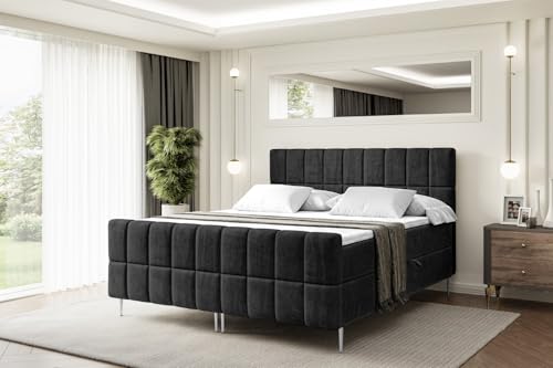 ALTDECOR Boxspringbett mit Silber Füßen, Matratze und Lattenrost, Topper, Fußteil, Polsterbett mit Bettkasten, Bett mit Stauraum H4-Matratze, Doppelbett - Miami-FS-Z - 180x200 - Schwarz Casablanca von ALTDECOR