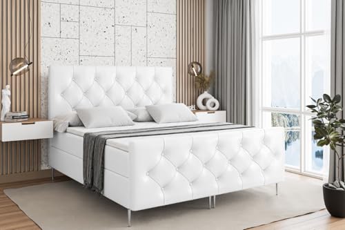 ALTDECOR Boxspringbett mit Silber Füßen, Matratze und Lattenrost, Topper, Fußteil, Polsterbett mit Bettkasten, Bett mit Stauraum H4-Matratze, Doppelbett - Mirage-FS-Z - 140x200 - Weiß Kunstleder von ALTDECOR