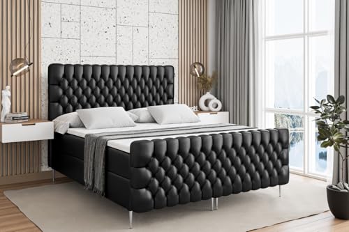 ALTDECOR Boxspringbett mit Silber Füßen, Matratze und Lattenrost, Topper, Fußteil, Polsterbett mit Bettkasten, Bett mit Stauraum H4-Matratze, Doppelbett - Serene-FS-Z - 120x200 - Schwarz Kunstleder von ALTDECOR