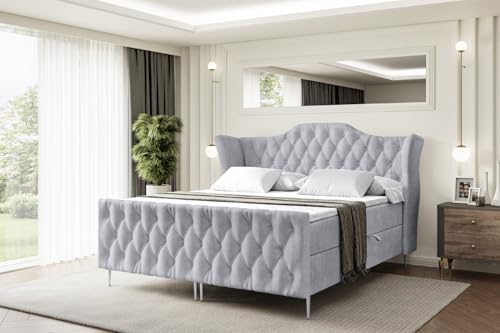 ALTDECOR Boxspringbett mit Silber Füßen, Matratze und Lattenrost, Topper, Fußteil, Polsterbett mit Bettkasten, Bett mit Stauraum H4-Matratze, Doppelbett - Vila-FS-Z - 180x200 - Grau Monolith von ALTDECOR