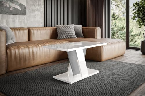 ALTDECOR Couchtisch, Kaffeetisch, ideal als Sofatisch oder Wohnzimmertisch, solide Konstruktion aus Möbelplatte, 110x70x60 cm - Hochglanz Weiß/Betonoptik - INEY von ALTDECOR