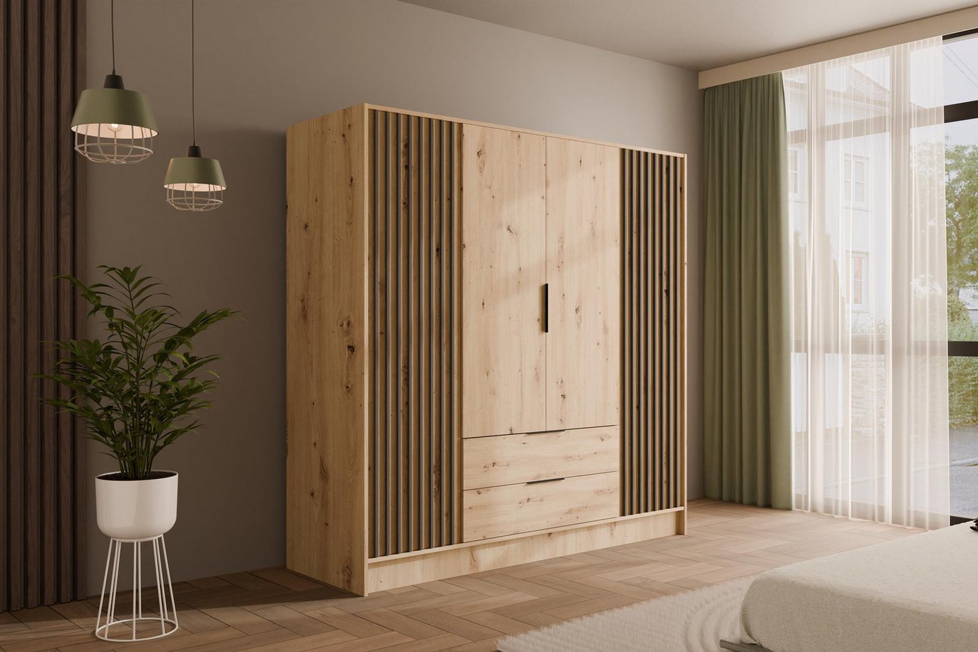 ALTDECOR Drehtürenschrank NELIA (Kleiderschrank Garderobenschrank mit viel Stauraum, Moderner Schrank) Vielseitiger Drehtürenschrank mit Spiegeltüren Spiegel Lamellen von ALTDECOR