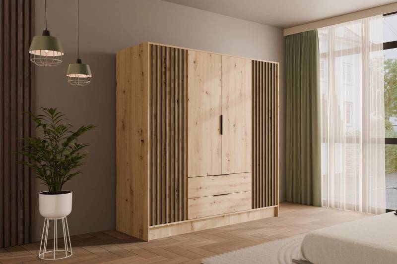 ALTDECOR Drehtürenschrank NELIA (Kleiderschrank Garderobenschrank mit viel Stauraum, Moderner Schrank) Vielseitiger Drehtürenschrank mit Spiegeltüren Spiegel Lamellen von ALTDECOR