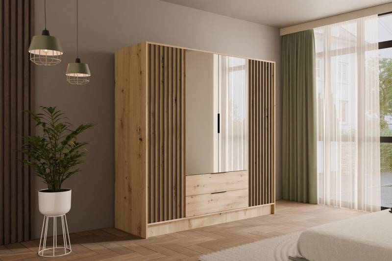 ALTDECOR Drehtürenschrank NELIA (Kleiderschrank Garderobenschrank mit viel Stauraum, Moderner Schrank) Vielseitiger Drehtürenschrank mit Spiegeltüren Spiegel Lamellen von ALTDECOR