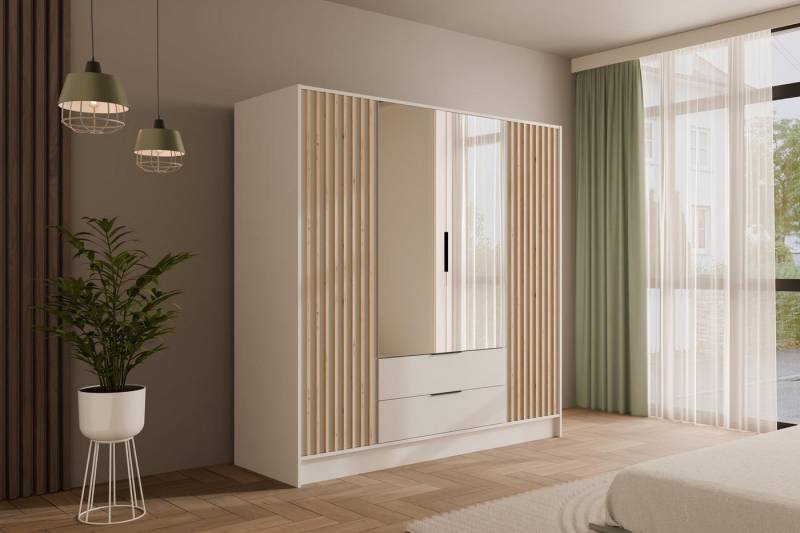 ALTDECOR Drehtürenschrank NELIA (Kleiderschrank Garderobenschrank mit viel Stauraum, Moderner Schrank) Vielseitiger Drehtürenschrank mit Spiegeltüren Spiegel Lamellen von ALTDECOR