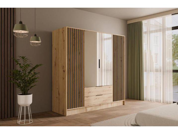 ALTDECOR Drehtürenschrank NELIA (Kleiderschrank Garderobenschrank mit viel Stauraum, Moderner Schrank) Vielseitiger Drehtürenschrank mit Spiegeltüren Spiegel Lamellen von ALTDECOR