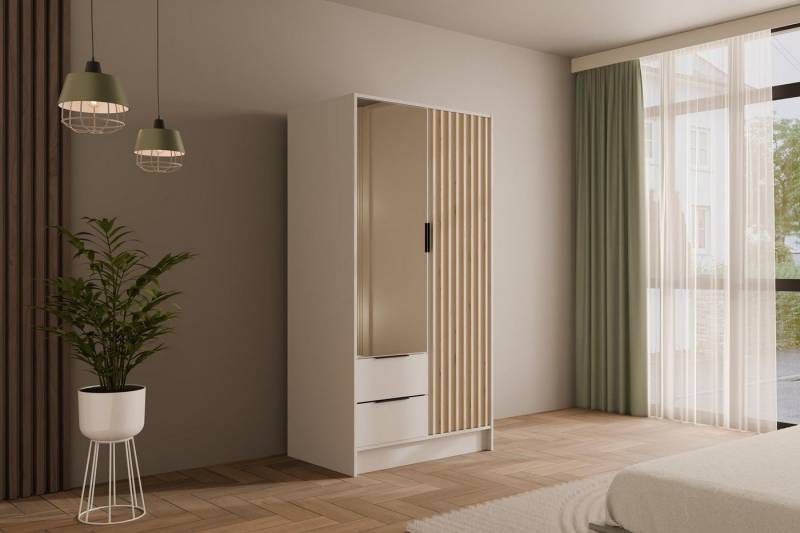 ALTDECOR Drehtürenschrank NELIA (Kleiderschrank Garderobenschrank mit viel Stauraum, Moderner Schrank) Vielseitiger Drehtürenschrank mit Spiegeltüren Spiegel Lamellen von ALTDECOR