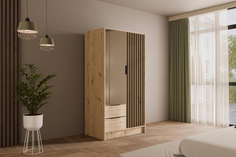 ALTDECOR Drehtürenschrank NELIA (Kleiderschrank Garderobenschrank mit viel Stauraum, Moderner Schrank) Vielseitiger Drehtürenschrank mit Spiegeltüren Spiegel Lamellen von ALTDECOR