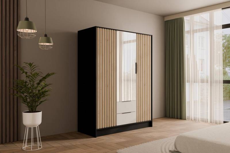 ALTDECOR Drehtürenschrank NELIA (Kleiderschrank Garderobenschrank mit viel Stauraum, Moderner Schrank) Vielseitiger Drehtürenschrank mit Spiegeltüren Spiegel Lamellen von ALTDECOR
