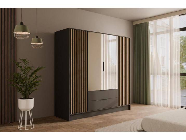 ALTDECOR Drehtürenschrank NELIA (Kleiderschrank Garderobenschrank mit viel Stauraum, Moderner Schrank) Vielseitiger Drehtürenschrank mit Spiegeltüren Spiegel Lamellen von ALTDECOR