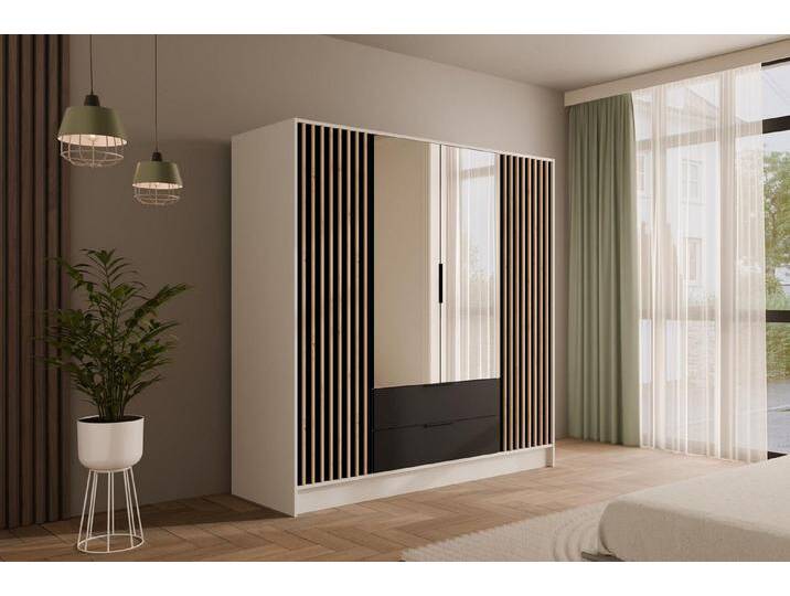 ALTDECOR Drehtürenschrank NELIA (Kleiderschrank Garderobenschrank mit viel Stauraum, Moderner Schrank) Vielseitiger Drehtürenschrank mit Spiegeltüren Spiegel Lamellen von ALTDECOR