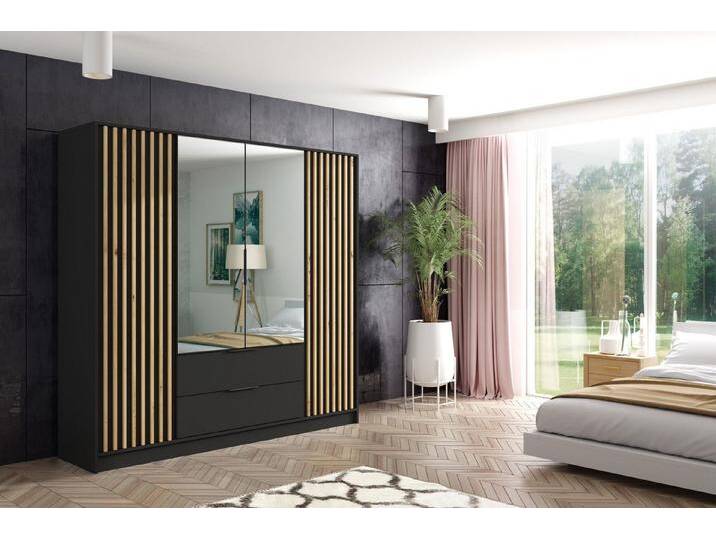 ALTDECOR Drehtürenschrank NERA (Kleiderschrank Garderobenschrank mit viel Stauraum, Moderner Schrank) Vielseitiger Drehtürenschrank mit Flügeltüren Schubladen Lamellen, schwarz von ALTDECOR