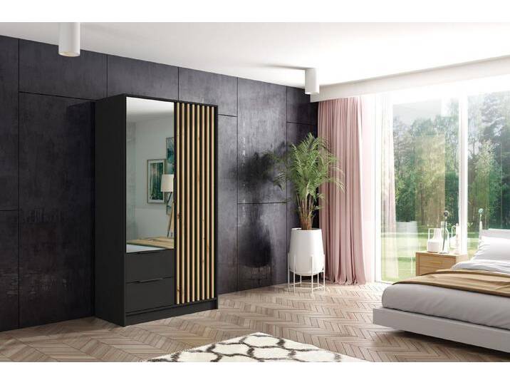 ALTDECOR Drehtürenschrank NERA (Kleiderschrank Garderobenschrank mit viel Stauraum, Moderner Schrank) Vielseitiger Drehtürenschrank mit Flügeltüren Schubladen Lamellen, schwarz von ALTDECOR