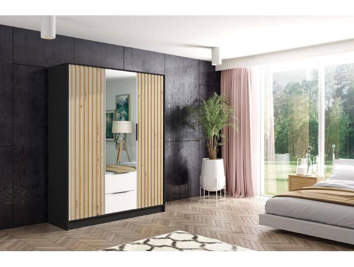 ALTDECOR Drehtürenschrank NERA (Kleiderschrank Garderobenschrank mit viel Stauraum, Moderner Schrank) Vielseitiger Drehtürenschrank mit Flügeltüren Schubladen Lamellen, schwarz von ALTDECOR