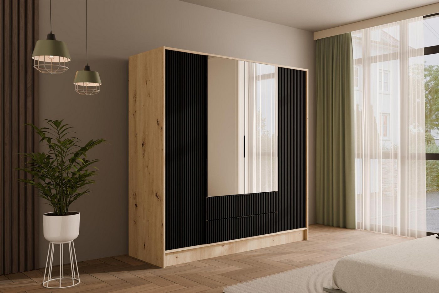 ALTDECOR Drehtürenschrank NOA (Kleiderschrank Garderobenschrank mit viel Stauraum, Moderner Schrank) Vielseitiger Drehtürenschrank Spiegeltüren Spiegel Geriffelte Fronten von ALTDECOR