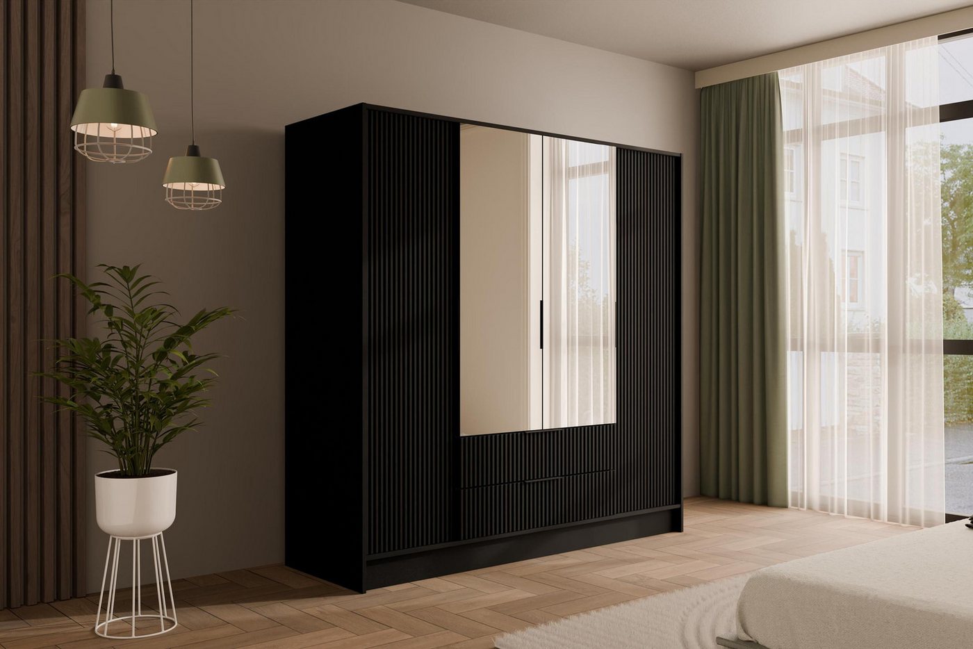ALTDECOR Drehtürenschrank NOA (Kleiderschrank Garderobenschrank mit viel Stauraum, Moderner Schrank) Vielseitiger Drehtürenschrank Spiegeltüren Spiegel Geriffelte Fronten von ALTDECOR