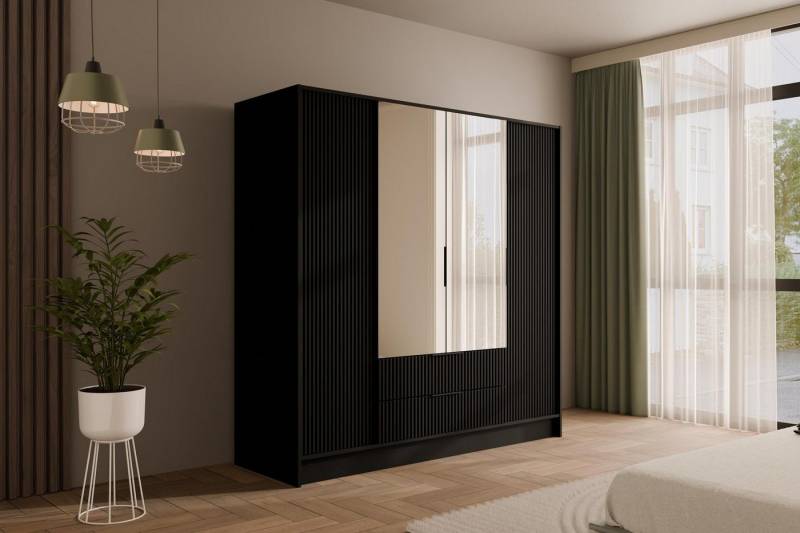 ALTDECOR Drehtürenschrank NOA (Kleiderschrank Garderobenschrank mit viel Stauraum, Moderner Schrank) Vielseitiger Drehtürenschrank Spiegeltüren Spiegel Geriffelte Fronten von ALTDECOR